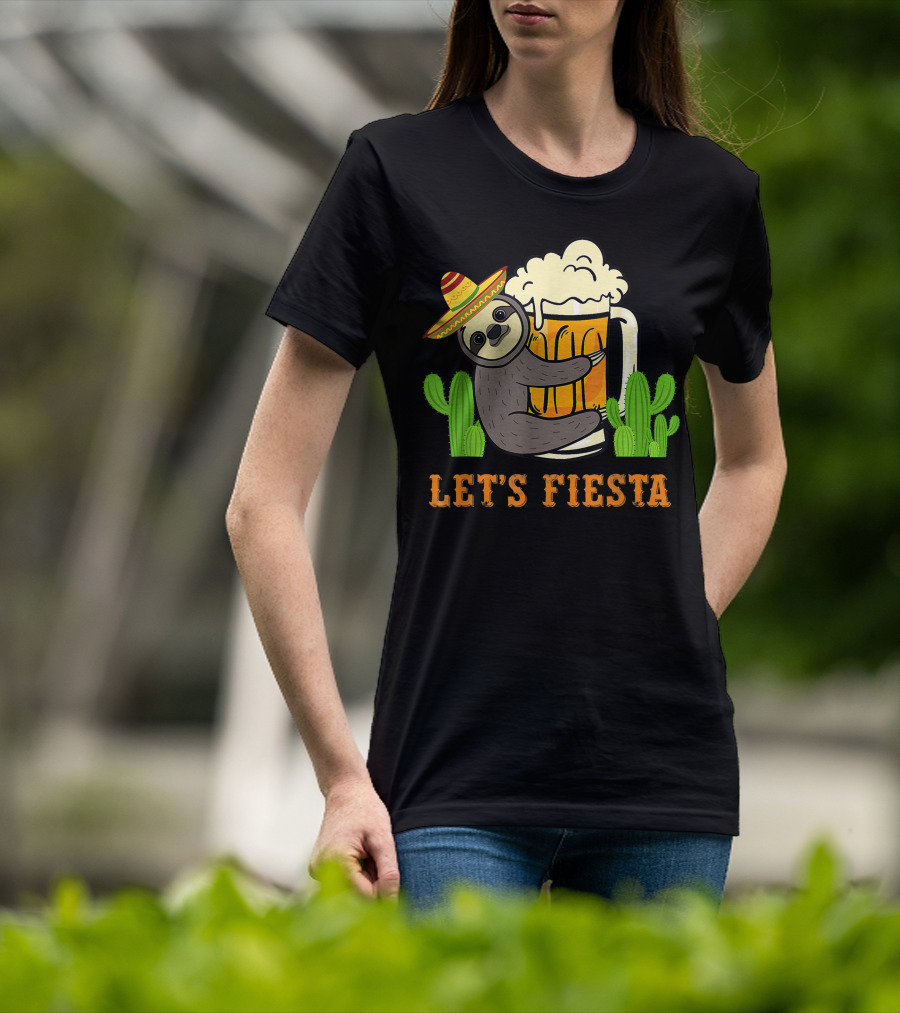 Let's Fiesta Sloth With Beer And Mexican Cactus Celebrating Cinco De Mayo T-Shirt