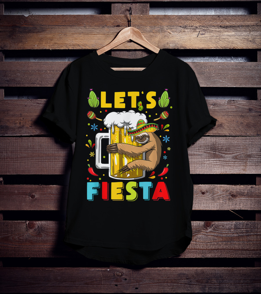Fiesta Sloth Hugging Beer Mug With Sombrero And Mexican Decor For Cinco De Mayo T-Shirt