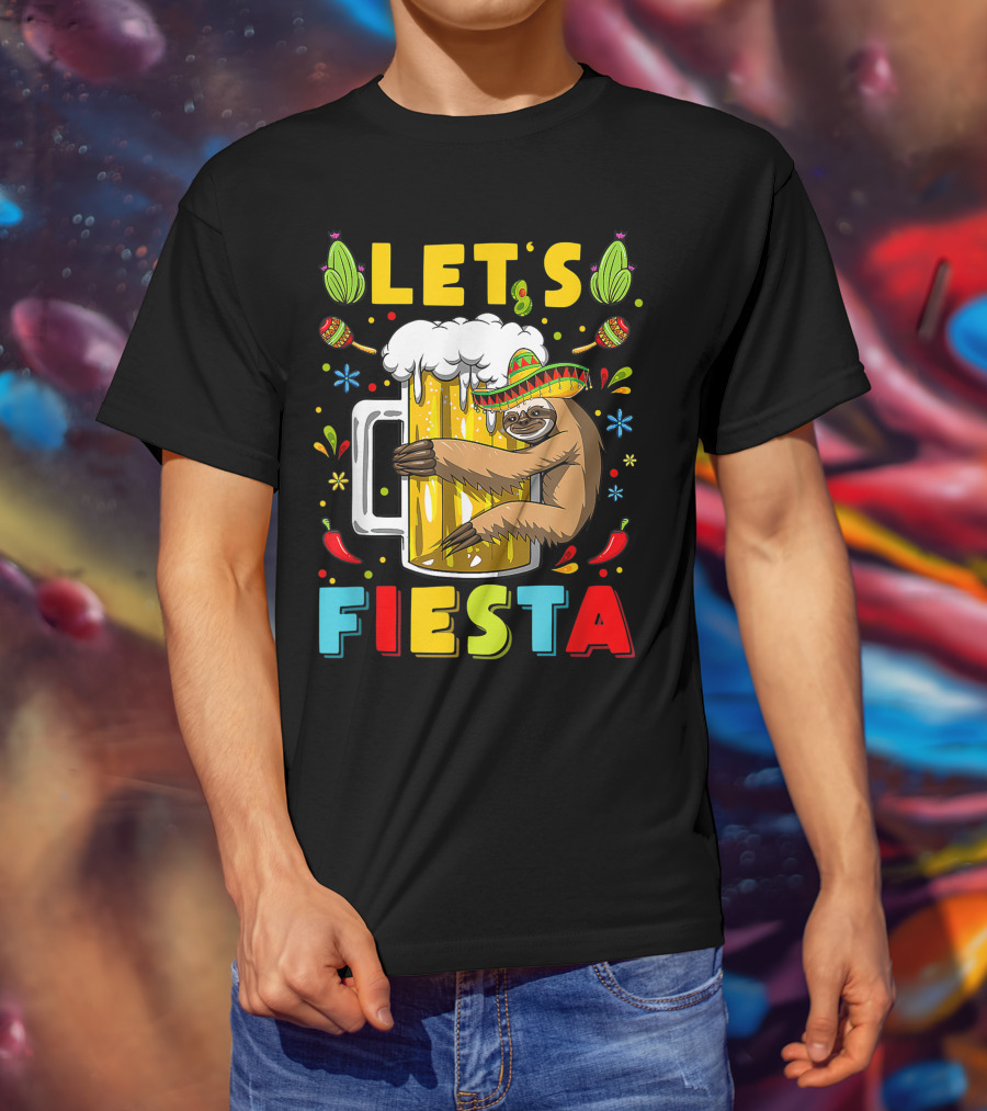Fiesta Sloth Hugging Beer Mug With Sombrero And Mexican Decor For Cinco De Mayo T-Shirt