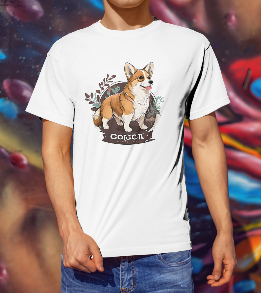 Corgi Cute Baby Dog Illustration With Floral Background T-Shirt