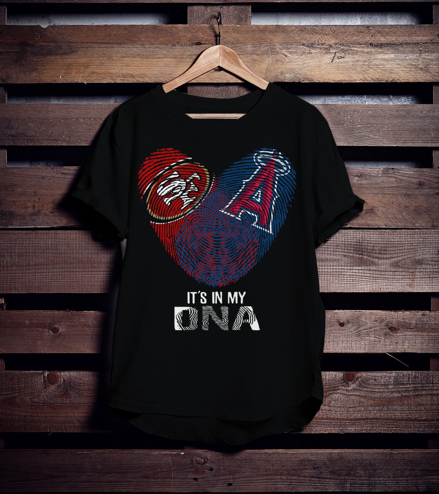 49Ers SF Logo And Los Angeles Angels DNA Fingerprint Heart T-Shirt