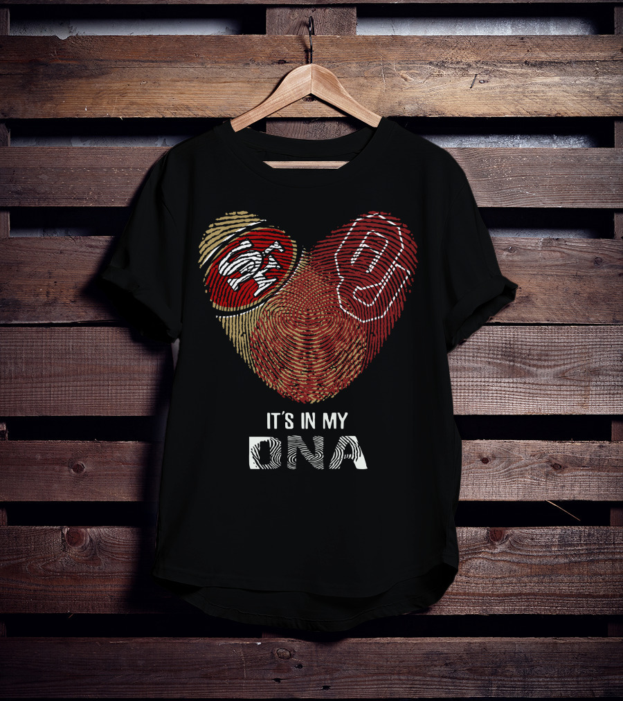 49ers Sooners It’s In My Dna Heart-Shaped Fingerprint With Logos T-Shirt
