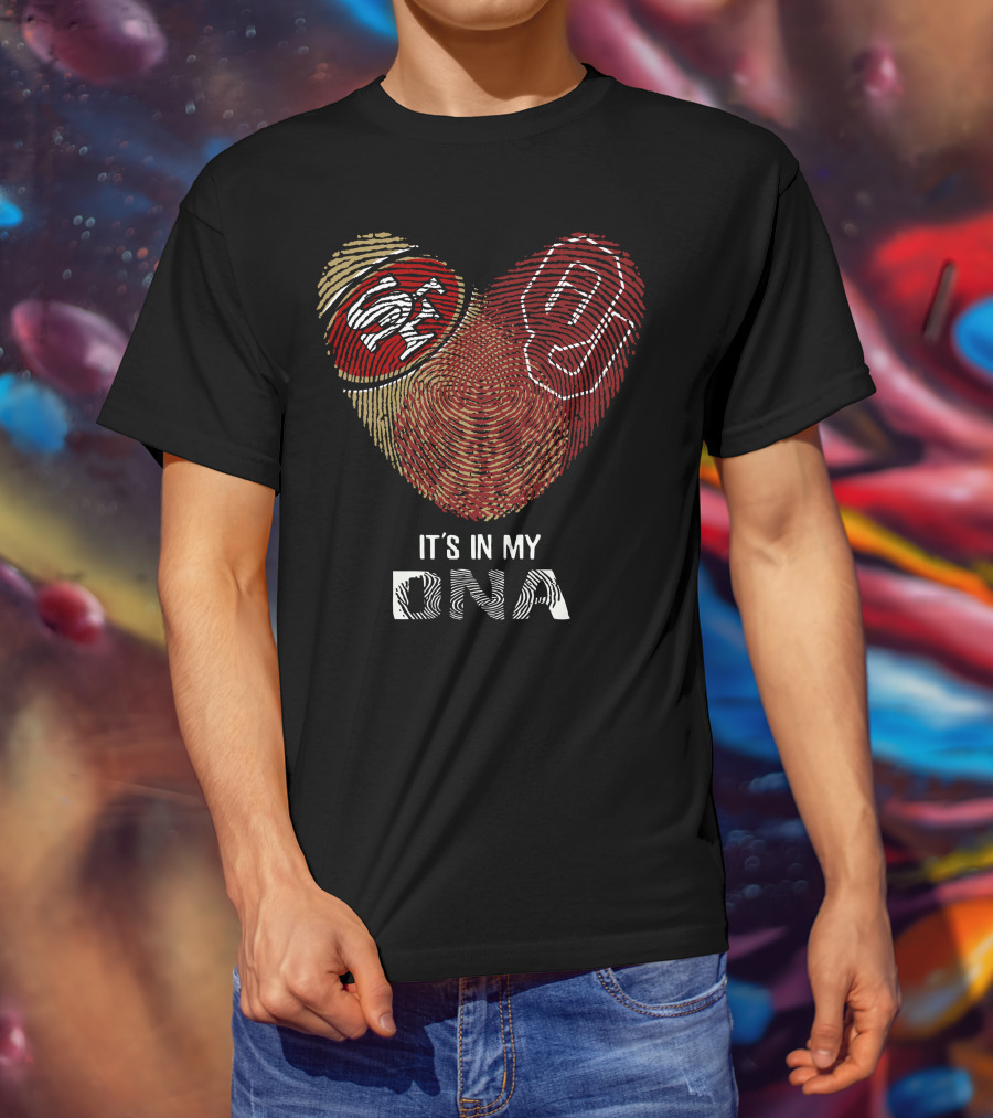 49ers Sooners It’s In My Dna Heart-Shaped Fingerprint With Logos T-Shirt