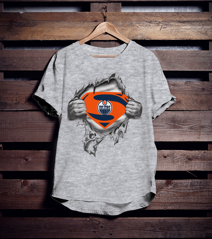 Edmonton Oilers Superman Logo Fusion With Torn Ripped Shirt Effect T-Shirt