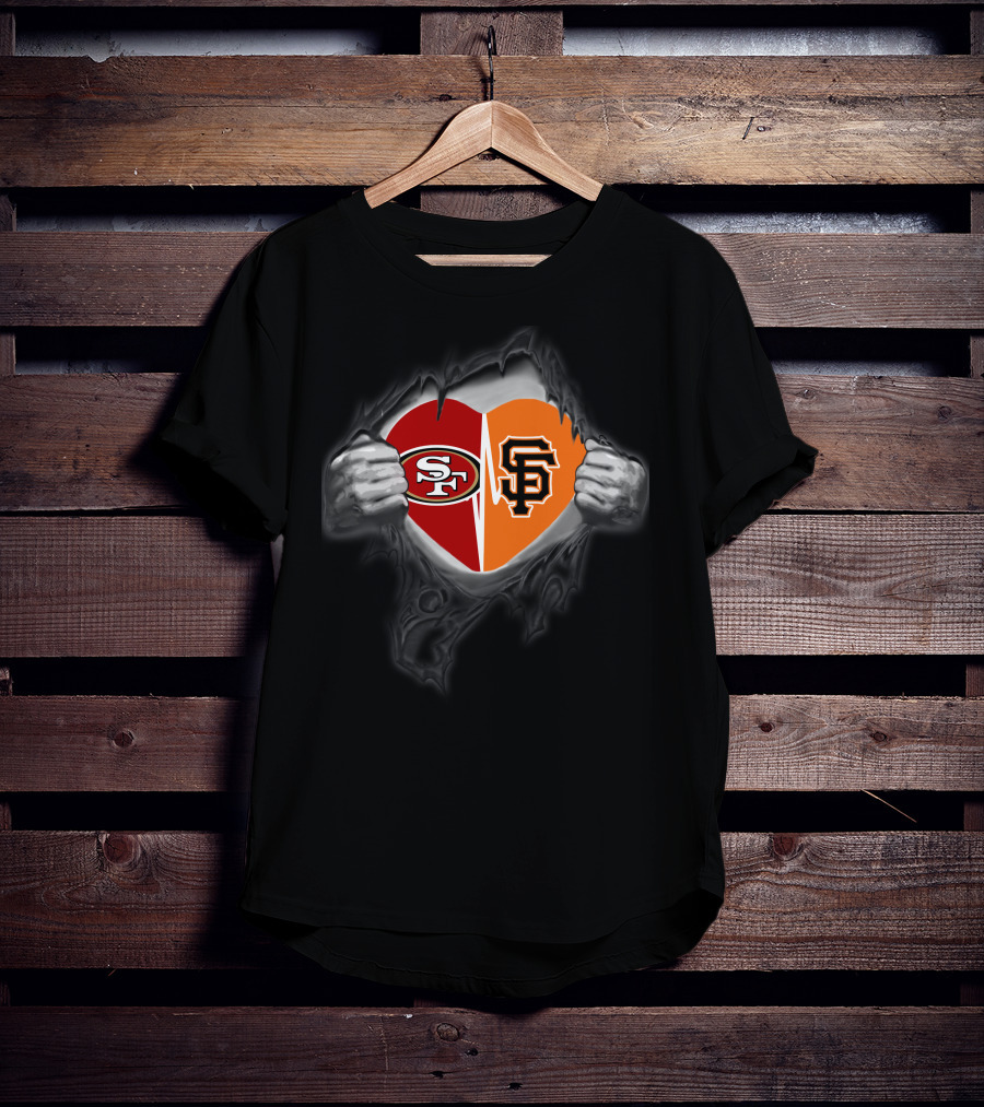 49ers Giants Heart Logos Cloak Tearing Hands T-Shirt