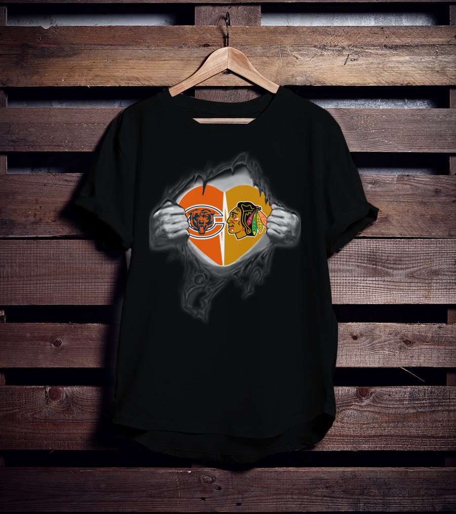 Bears Blackhawks Split Heart Logo Tear T-Shirt