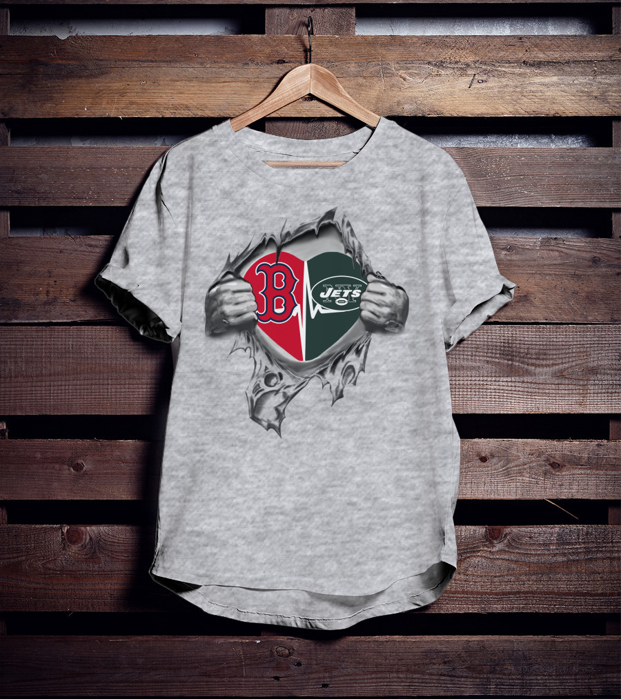 Jets Redsoxs Heart With Torn Hands And Iconic B And Jets T-Shirt