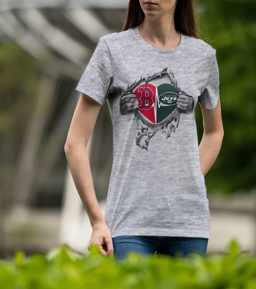 Jets Redsoxs Heart With Torn Hands And Iconic B And Jets T-Shirt