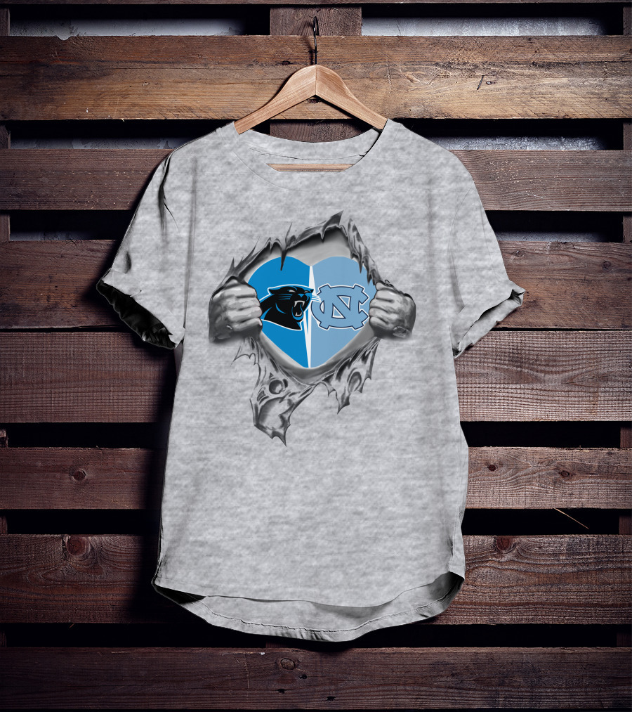 Carolina Panthers UNC Tar Heels Heart Logo Fusion T-Shirt