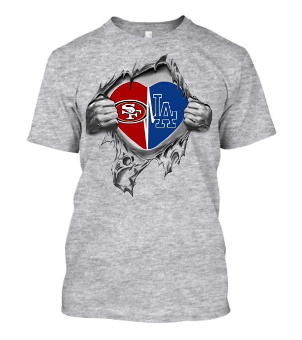 49Ers SF LA Dodgers Heart Logo Tear Open Gray Background T-Shirt