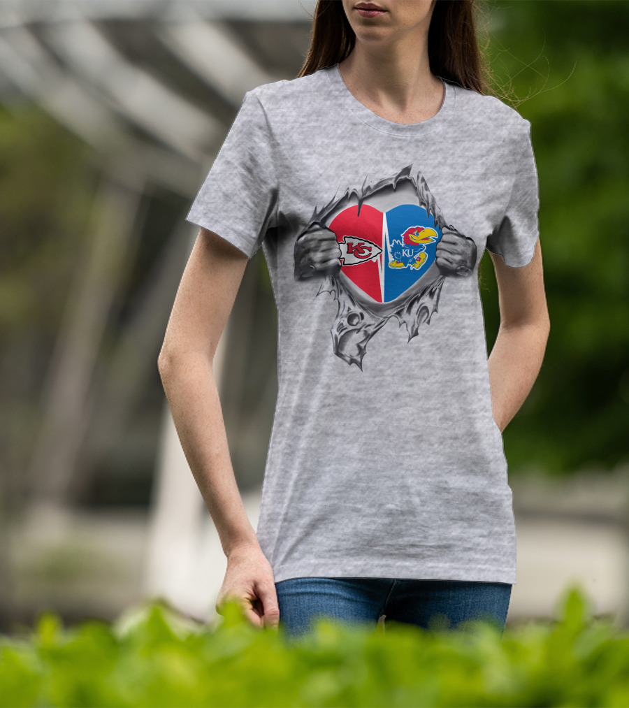 Kansas City Chiefs Kansas Jayhawks Heart Logo Tear T-Shirt