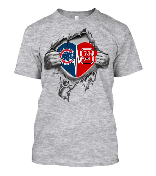 Cubs Nc State Heartbeat Dual Logo Heart Silver Hands T-Shirt