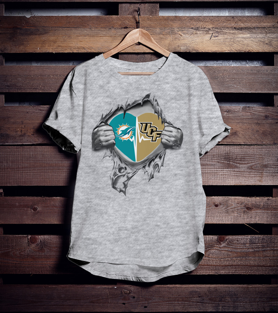 Dolphins UCF Heart Logo Design With Torn Fabric Effect T-Shirt