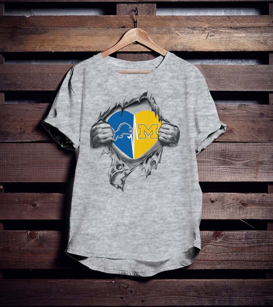 Lions Michigan Heart Split With Detroit Lions And University Of Michigan T-Shirt