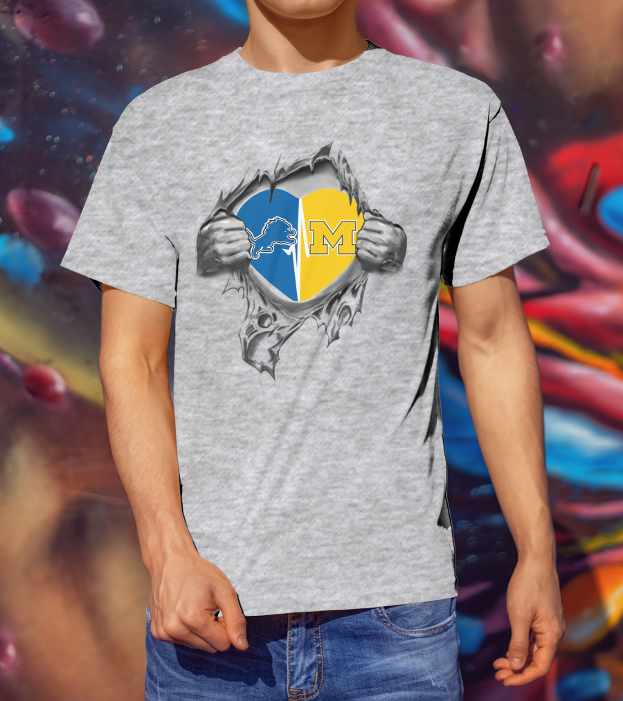 Lions Michigan Heart Split With Detroit Lions And University Of Michigan T-Shirt