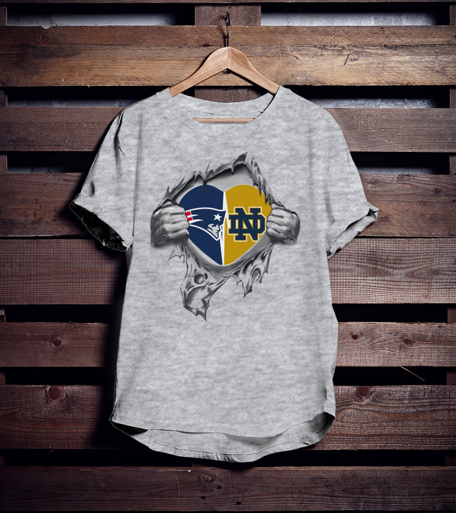 Patriots And Notre Dame Heart Torn Background T-Shirt