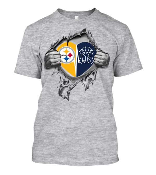 Steelers Yankees Heart Logo With Ripped Hands T-Shirt