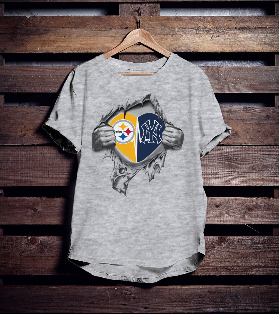 Steelers Yankees Heart Logo With Ripped Hands T-Shirt