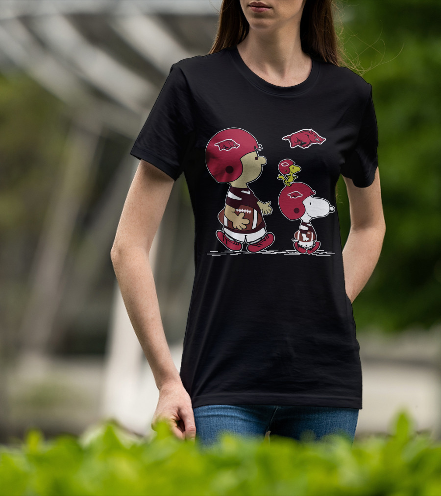 Arkansas Razorbacks Football Snoopy And Woodstock With Helmets And Hog T-Shirt