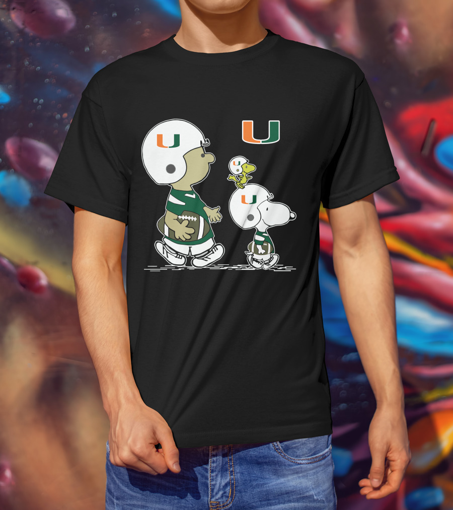 Miami Hurricanes Peanuts Snoopy Woodstock Helmet Football T-Shirt