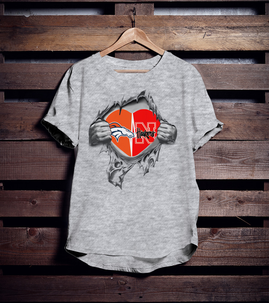 Broncos Huskers Heart With Denver Horse Logo And Nebraska N T-Shirt