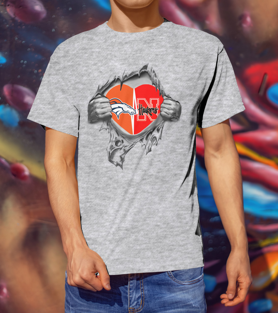 Broncos Huskers Heart With Denver Horse Logo And Nebraska N T-Shirt