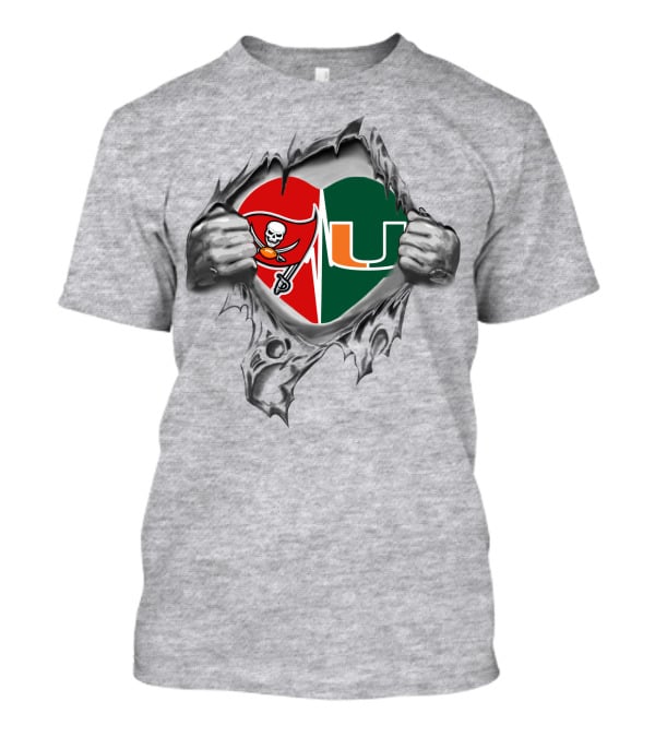 Buccaneers Hurricanes Heart Rip Logo Combination Skull Cross-Swords U Split Torn Hands T-Shirt