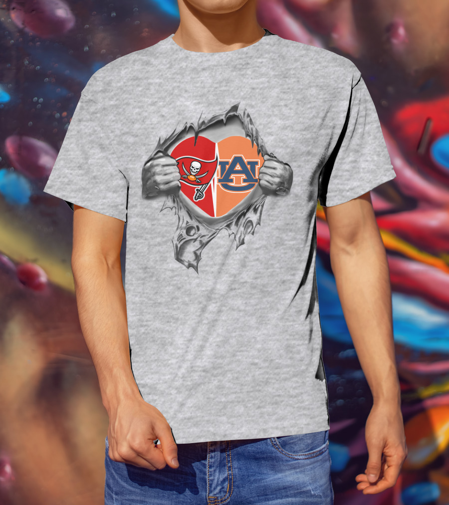 Buccaneers Auburn Tigers Heart Split Logo Ripped T-Shirt