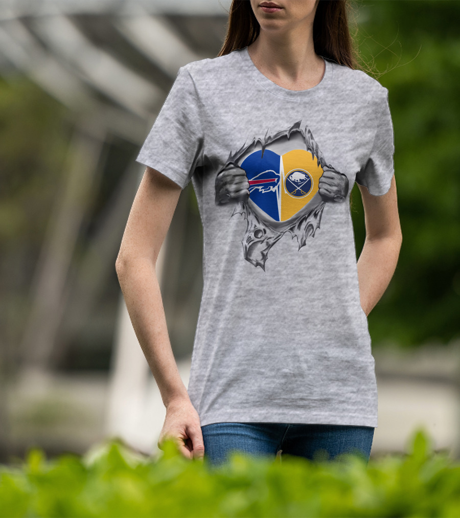 Buffalo Bills Sabres Heart Torn Open NFL NHL Passion T-Shirt
