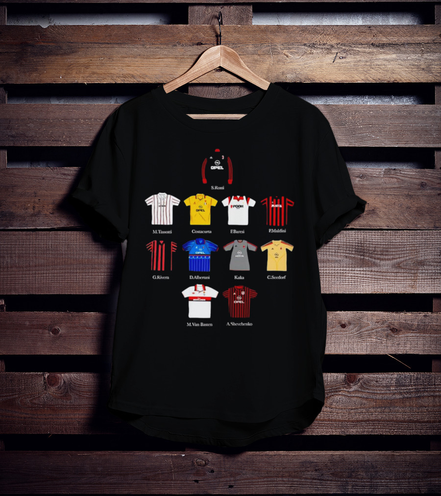 A.C. Milan FC Opel Uniform S. Rossi M. Tassotti A. Costacurta F. Baresi P. Maldini G. Rivera D. Albertini Kaka C. Seedorf M. Van Basten A. Shevchenko T-Shirt