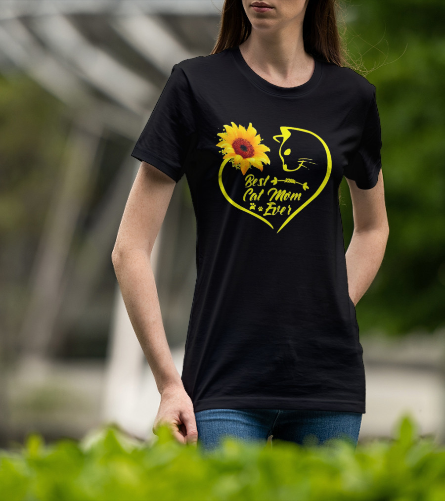 Best Cat Mom Ever Sunflower Heart Love Cat Face T-Shirt