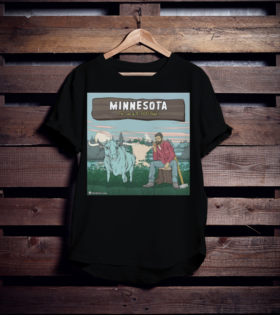 Minnesota The Land Of 10,000 Bakes With Blue Ox And Lumberjack In Forest Scene T-Shirt