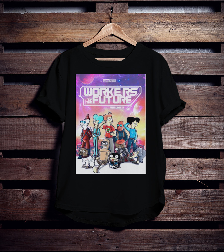 SLURM STUDIOS Workers Of The Future Volume 3 Futurama Characters Retro Futuristic T-Shirt