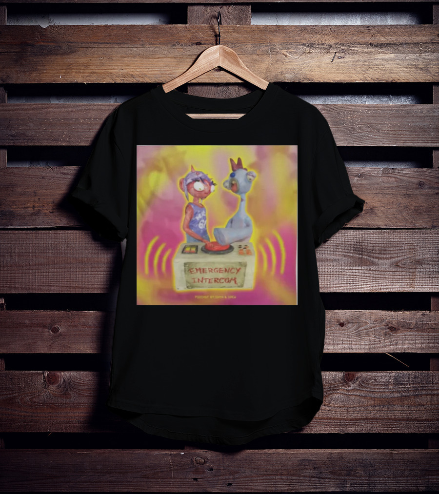 Emergency Intercom Podcast By Enya And Drew Vibrant Cartoon Characters On Bright Background T-Shirt