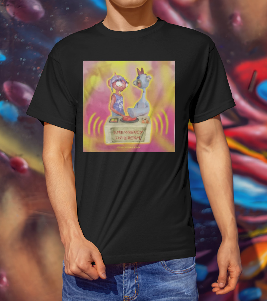 Emergency Intercom Podcast By Enya And Drew Vibrant Cartoon Characters On Bright Background T-Shirt