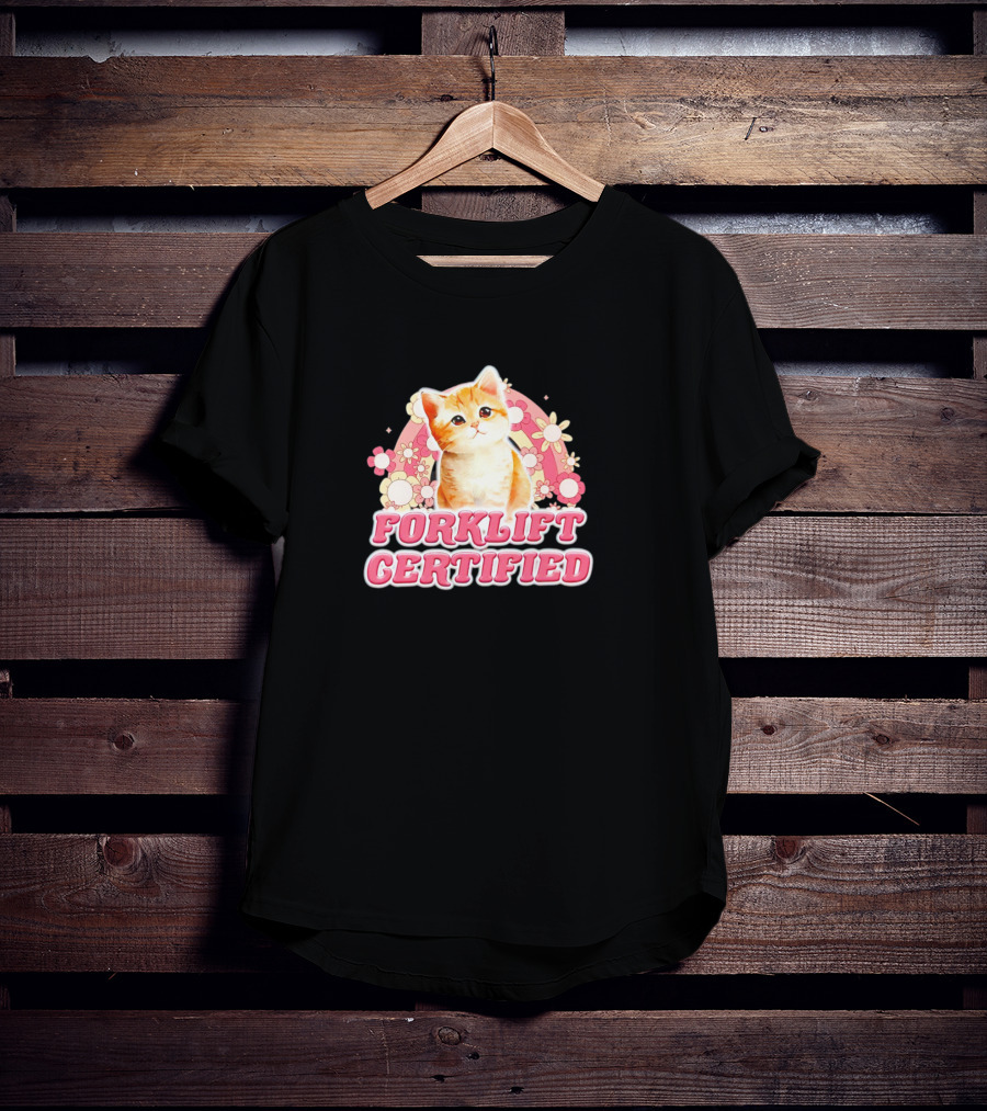 Cat Forklift Certified Cute Floral Pink T-Shirt