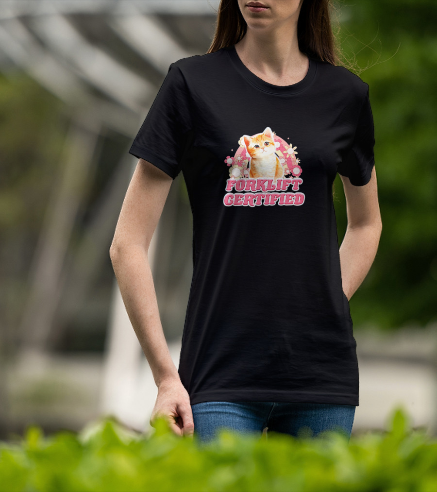 Cat Forklift Certified Cute Floral Pink T-Shirt