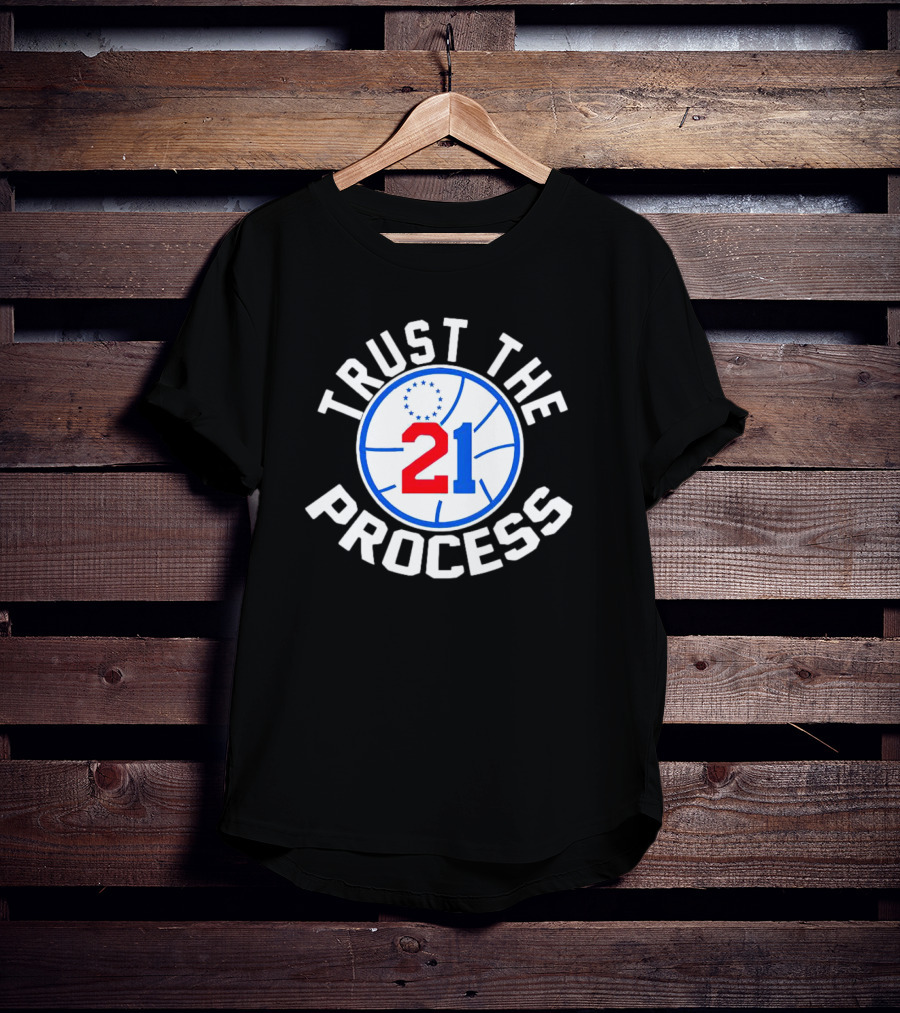 Philadelphia 76ers Joel Embiid 21 Trust The Process Basketball Emblem T-Shirt