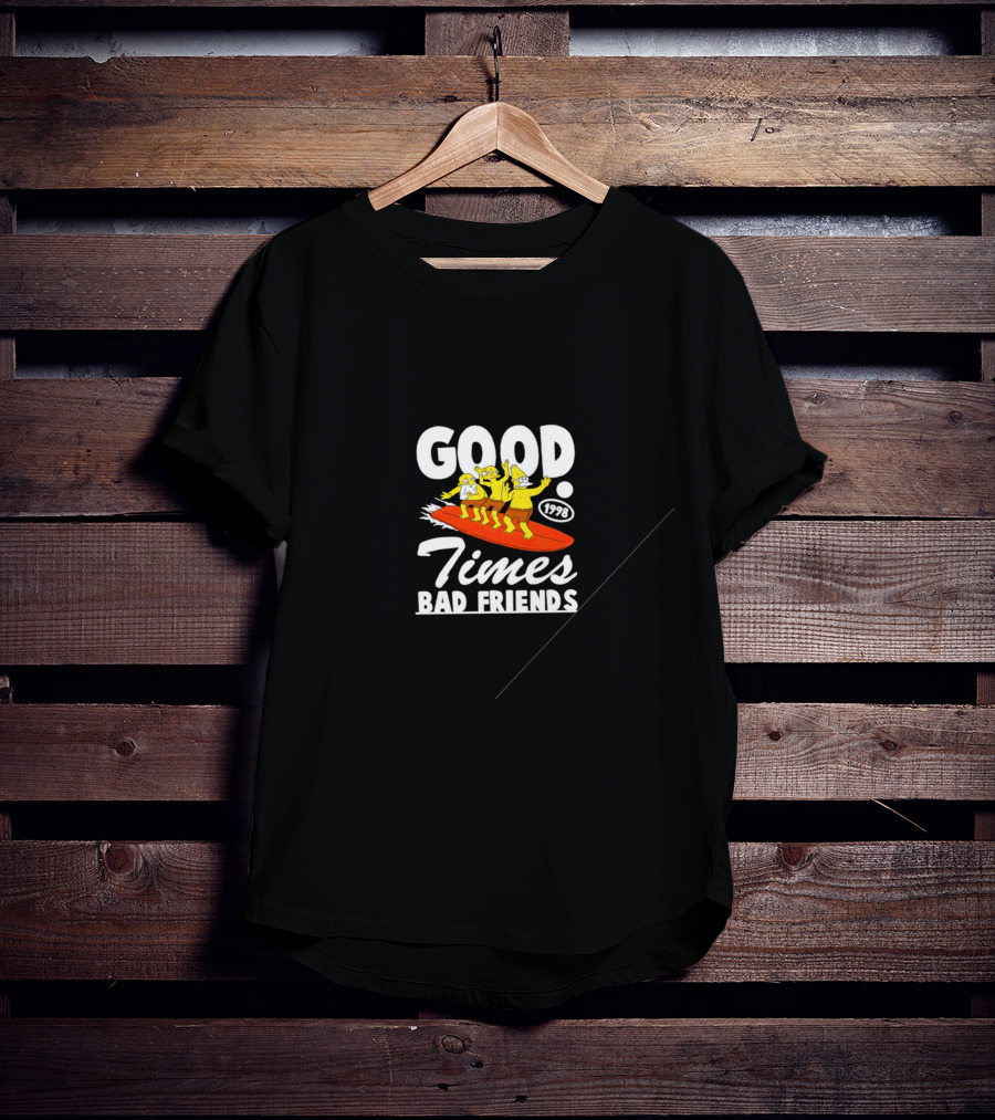GOOD TIMES BAD FRIENDS 1998 Surfing Cartoon T-Shirt