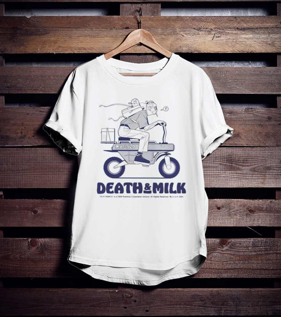 DEATH And MILK ©2004 K F Y ©C Foroffice Corp. Riding Motorbike With Backpack And Box T-Shirt