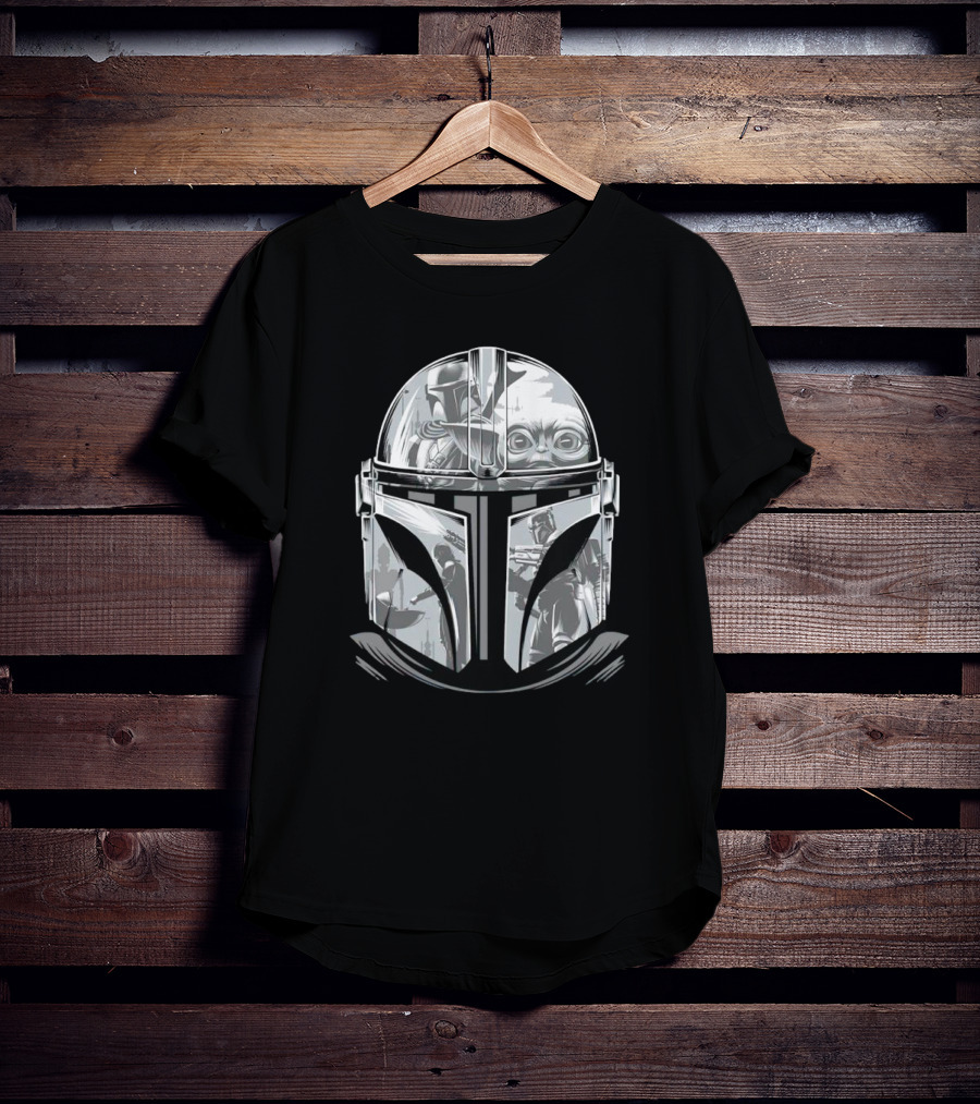 Mandalorian Helmet Artwork With Grogu And Bounty Hunter Scenes T-Shirt