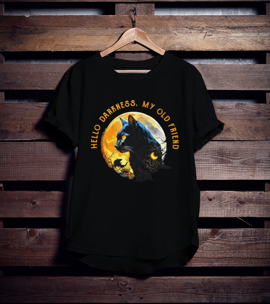 Black Cat Hello Darkness My Old Friend Moon Scene T-Shirt