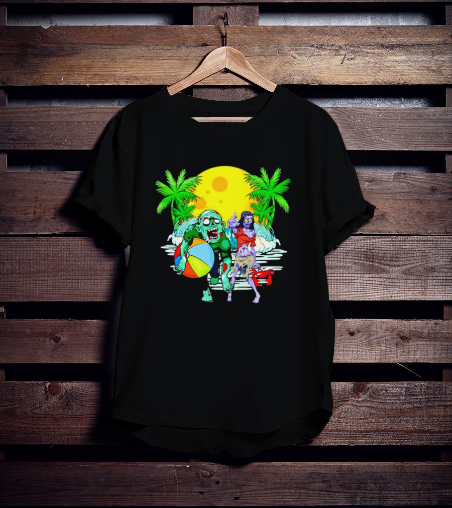 Zombie Beach Party Under Palm Trees With Beach Ball And Surf Waves T-Shirt