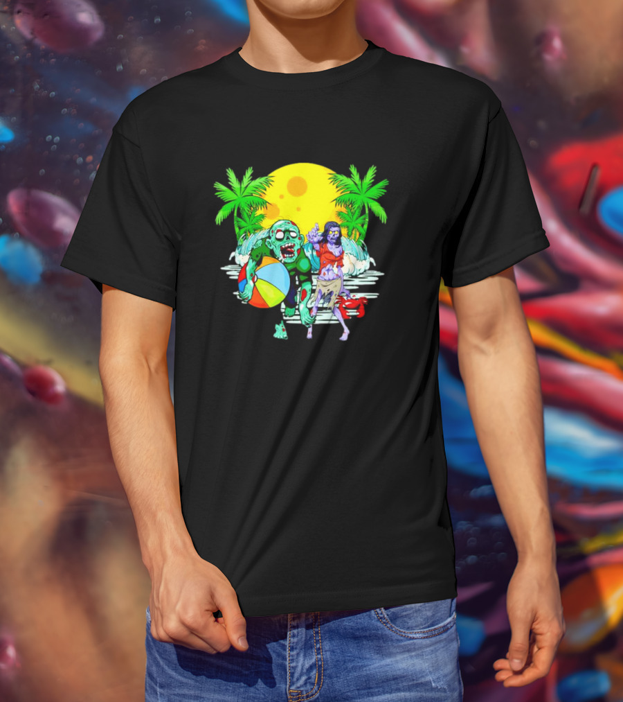 Zombie Beach Party Under Palm Trees With Beach Ball And Surf Waves T-Shirt