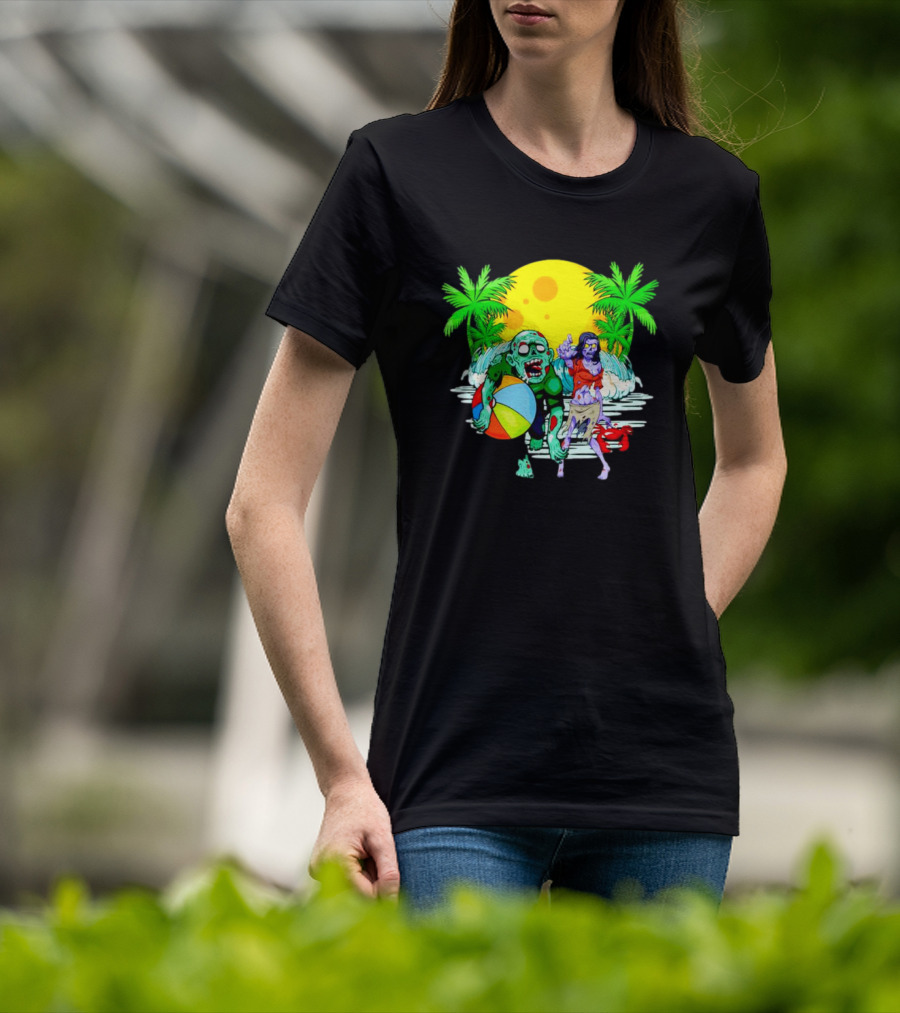 Zombie Beach Party Under Palm Trees With Beach Ball And Surf Waves T-Shirt