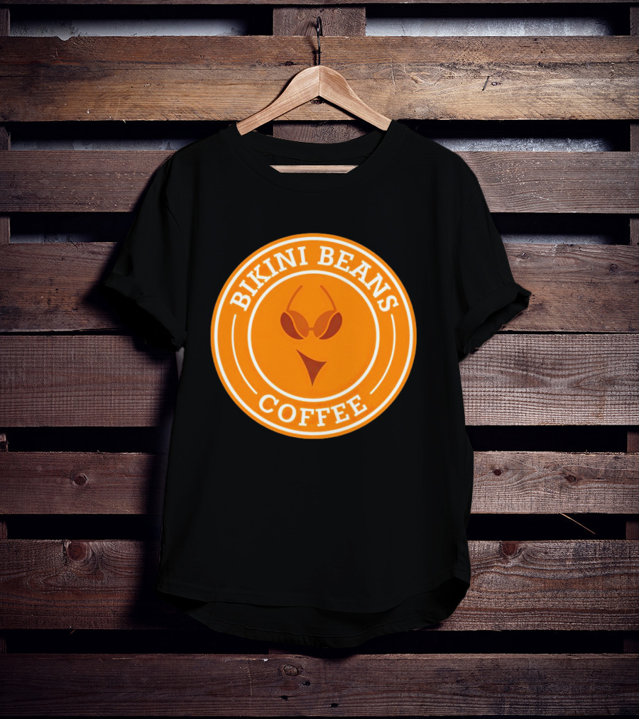 Bikini Beans Coffee Circular Logo With Sunglasses And Orange Background T-Shirt