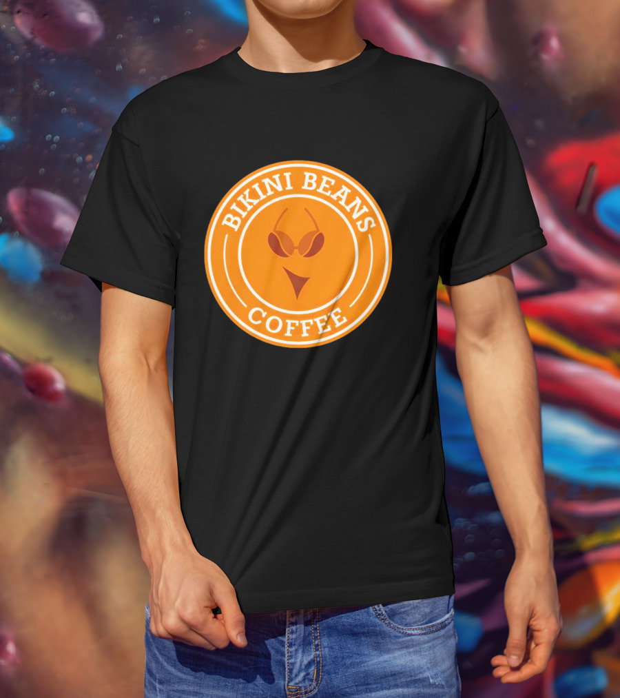 Bikini Beans Coffee Circular Logo With Sunglasses And Orange Background T-Shirt
