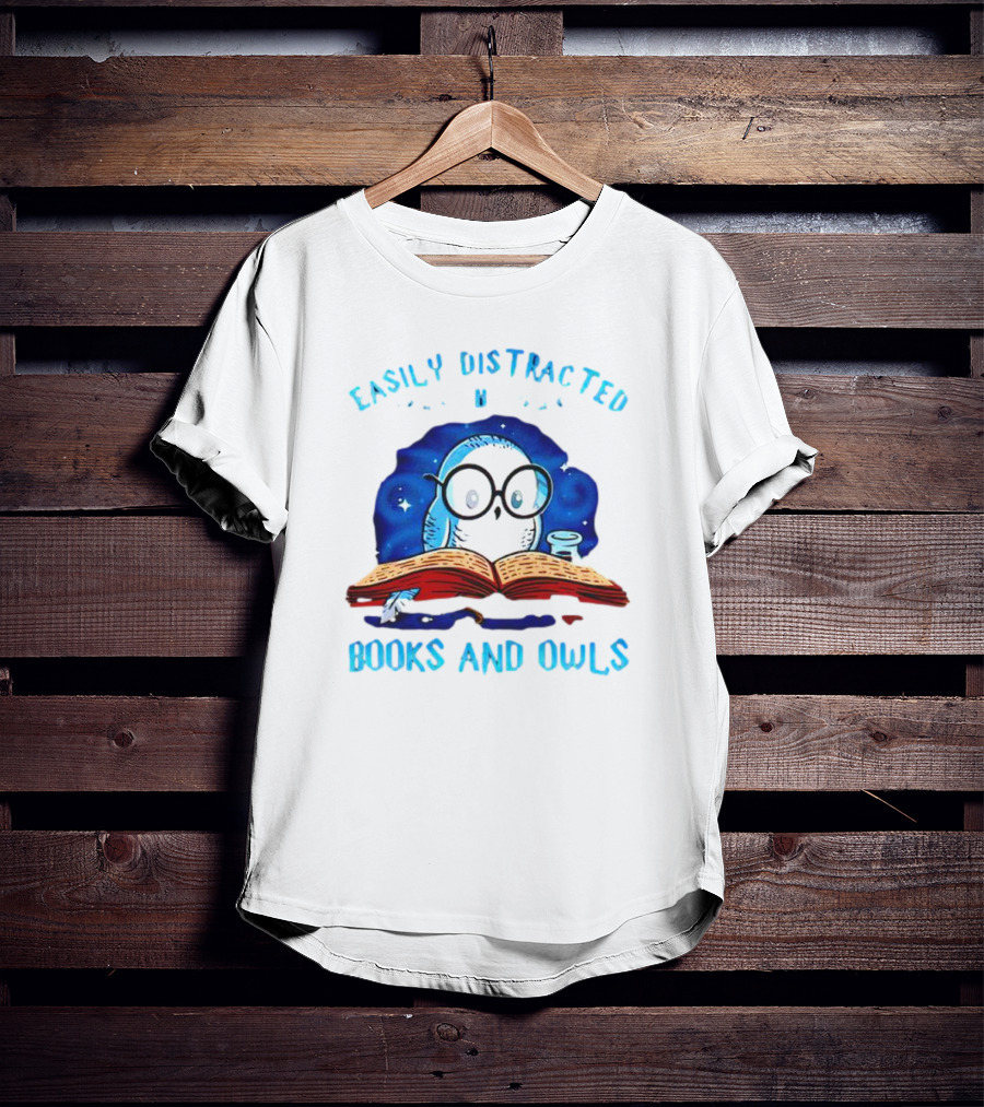 Easily Distracted By Books And Owls With Blue Starry Background And Cute Glasses-Wearing Owl Reading T-Shirt