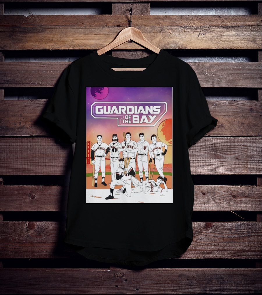 Guardians Of The Bay San Francisco Giants Baseball Players With Golden Gate Bridge And Sunset Background T-Shirt