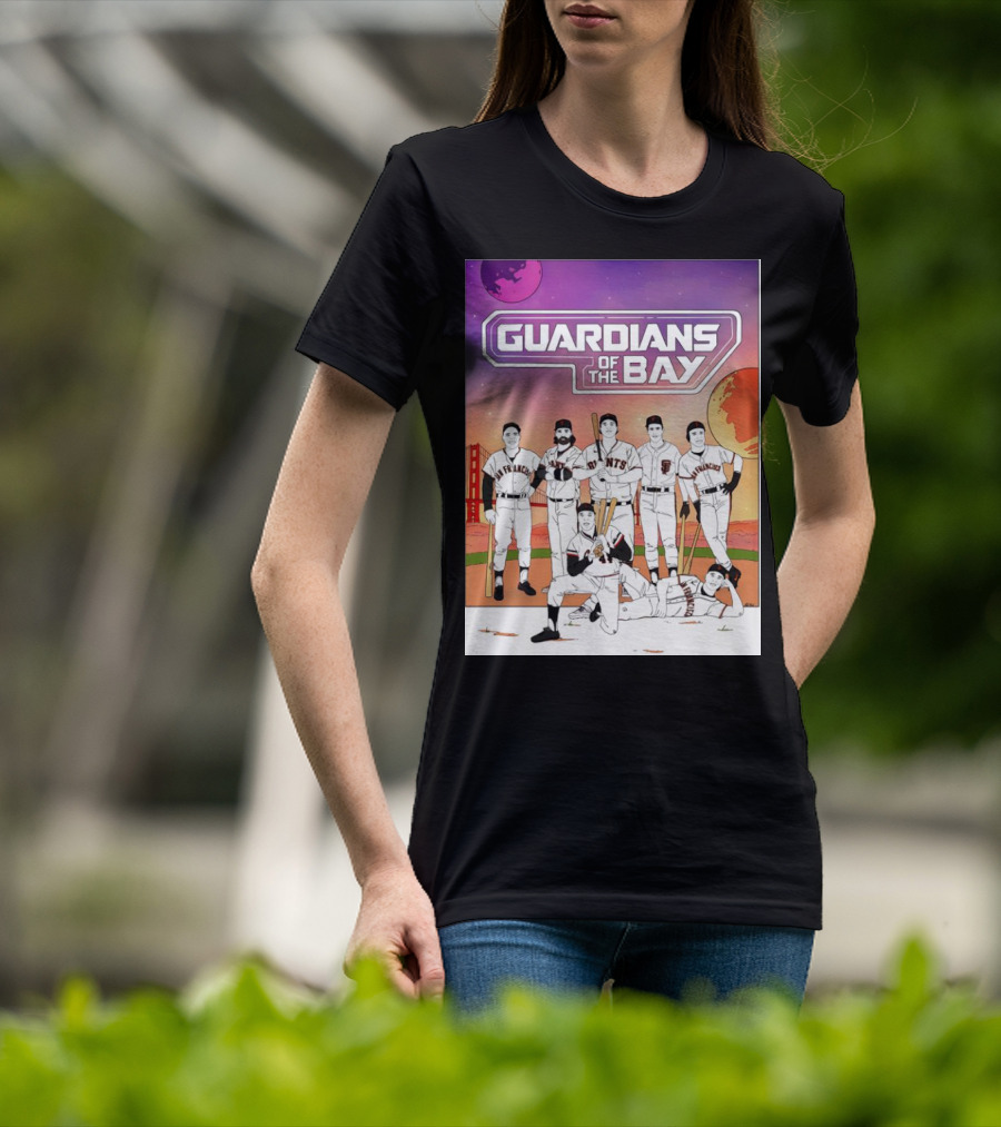 Guardians Of The Bay San Francisco Giants Baseball Players With Golden Gate Bridge And Sunset Background T-Shirt